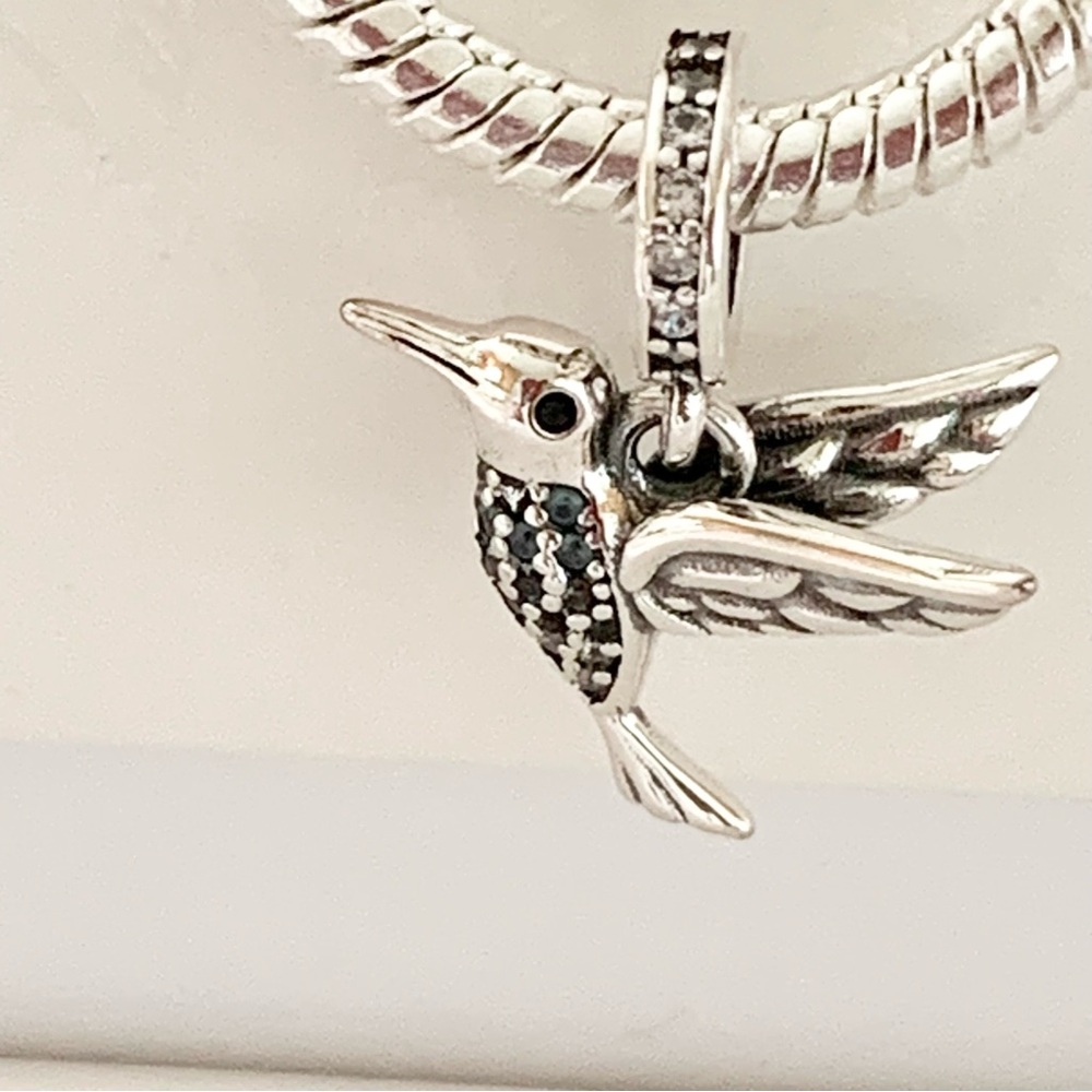 NWOT S925 Sterling Silver Hummingbird light blue & White CZ Dangle Charm